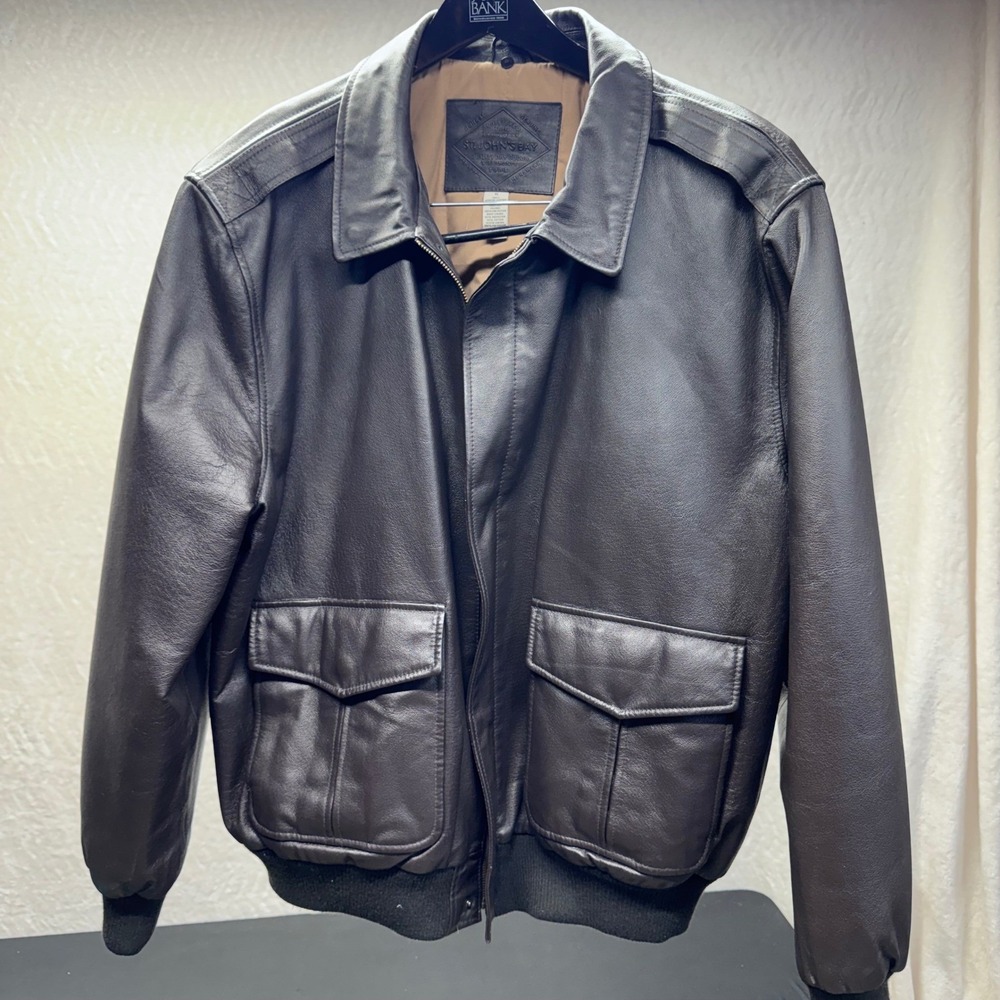 St. Johns Bay Mens XL Dark Brown Genuine Leather Bomber Jacket Aviator Flight